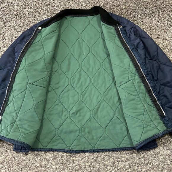 Vintage 70s Bomber Jacket Quilted Nylon Full Zip Navy Blue Military Grunge - Picture 3 of 13